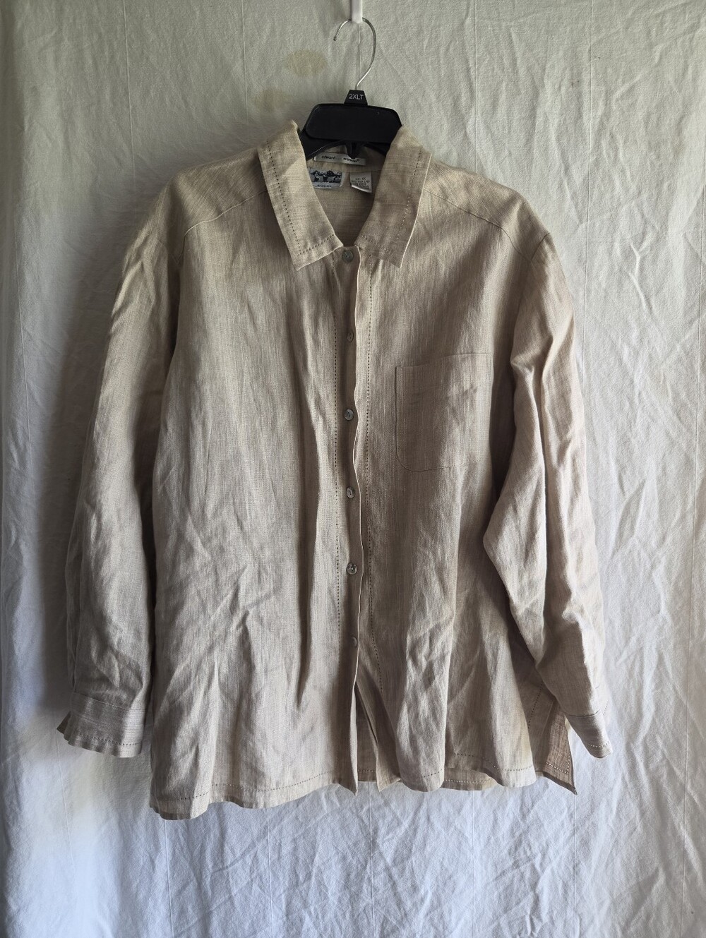 Edward Irish Linen Button Down Shirt Long Sleeve Womans 1X Tan Lagenlook